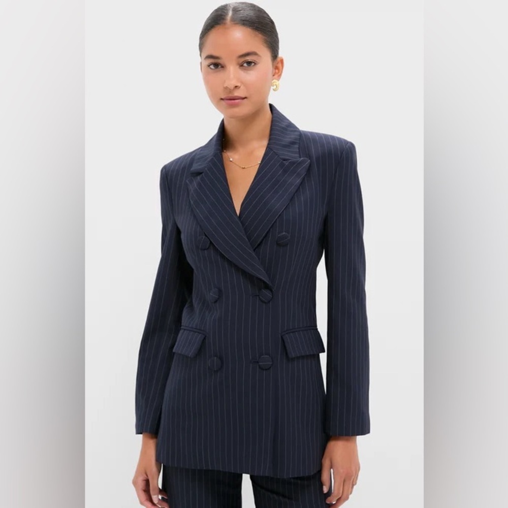 Emerson Fry Navy Pinstripe Strong Shoulder Blazer Women’s Size 8 NEW *Flawed*